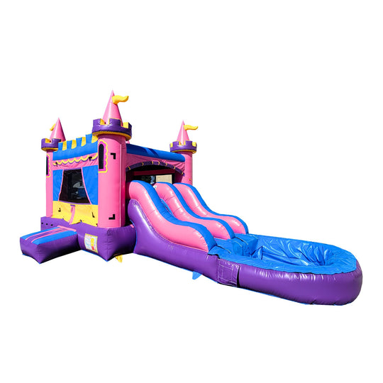 Colorful inflatable combo water slide featuring pink and purple with two slides leading into a splash pool.