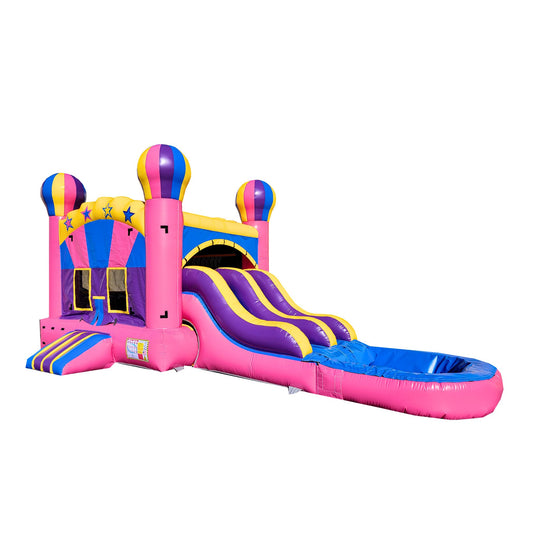 Bright pink inflatable combo water slide with purple and yellow accents, featuring a double slide and a splash pool.
