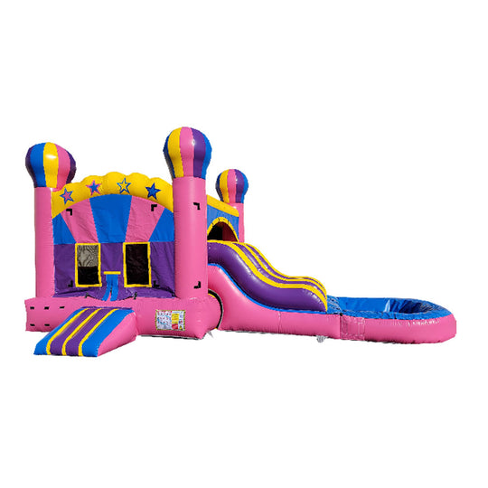 Colorful pink inflatable combo water slide featuring a bounce area and double slide leading into a splash pool.