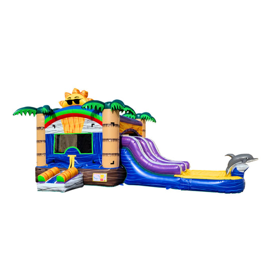 Colorful inflatable combo water slide featuring a sunny theme with palm trees and dolphins, set against a white background.