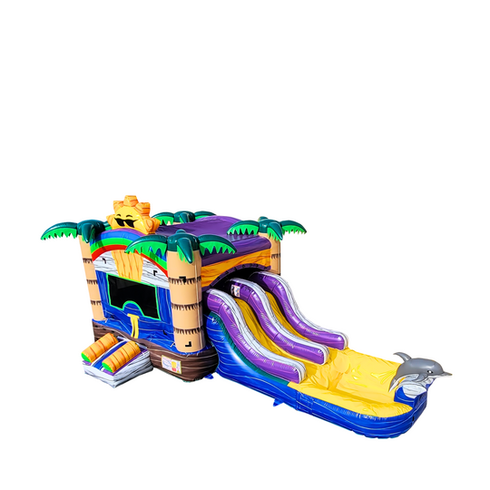 Colorful inflatable combo water slide featuring two slides, palm trees, and a dolphin design, set against a white background.