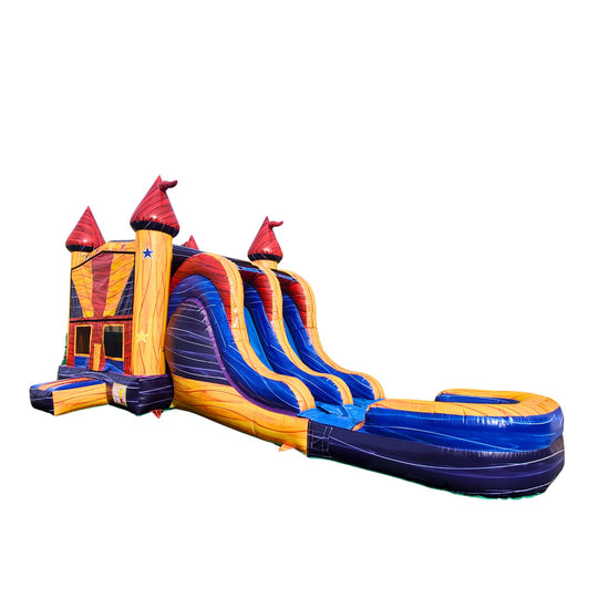 Colorful inflatable combo water slide with two slides and a castle theme, set against a white background.
