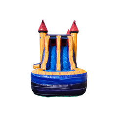 Brightly colored inflatable combo water slide featuring two slides and castle-like towers.