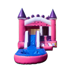 Bright pink inflatable combo water slide featuring a castle design with purple accents and a blue slide.