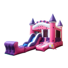 Pink castle-themed inflatable combo water slide featuring a slide and bounce area, set against a white background.