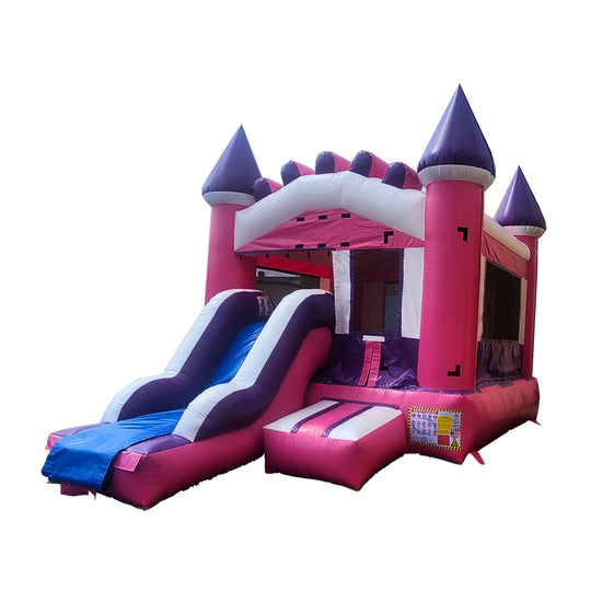 A pink castle-themed inflatable combo water slide featuring two slides and a bounce area, set against a white background.