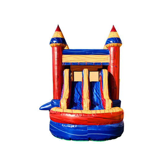 Brightly colored inflatable combo water slide featuring two slides and castle-like towers.