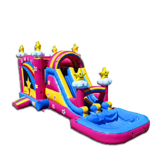 Bright pink and blue inflatable combo water slide featuring a double line slide and star decorations, set against a white