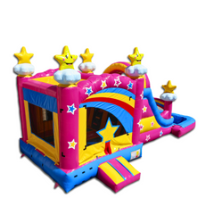 Bright pink inflatable combo water slide featuring a double line slide, stars, and rainbow design, set against a white