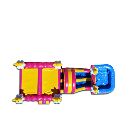 Large pink and yellow inflatable combo water slide featuring a double line and a pool area.