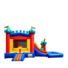 Colorful inflatable combo water slide featuring a magic castle design with a slide and pool area.
