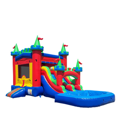 Colorful inflatable combo water slide with a castle theme, featuring slides and a large pool area.