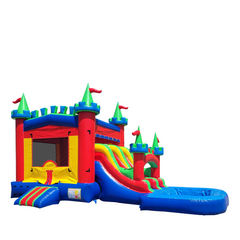 Colorful inflatable combo water slide featuring a magic castle design with slides and a pool.