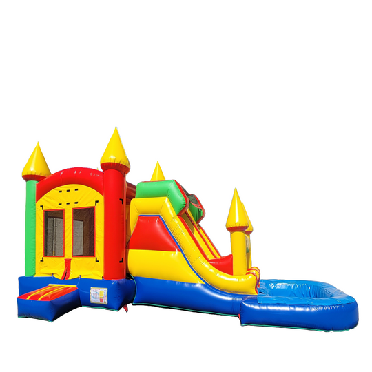 Large inflatable combo water slide featuring bright red, yellow, and blue colors with a bounce house and a pool area.