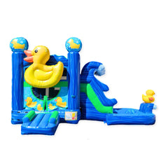 Bright blue inflatable combo water slide featuring a large yellow duck and wave design, suitable for water play.