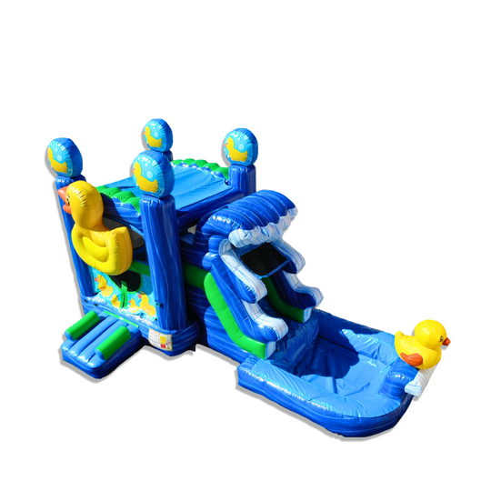 Colorful inflatable combo water slide featuring a duck theme, with a slide and splash area.