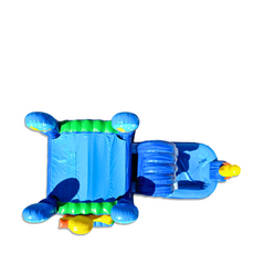 Bright blue inflatable combo water slide featuring a duck theme, with a slide and bounce area.