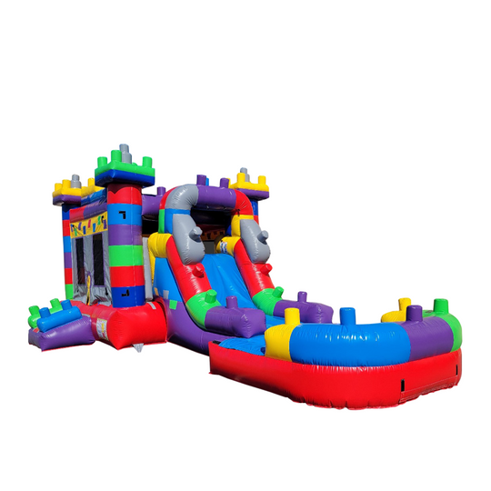 Colorful inflatable combo water slide featuring a large pool, with vibrant blocks and slides, set against a white background.