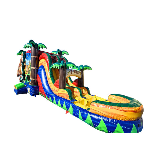 Colorful inflatable combo water slide featuring a T-Rex theme with palm trees and a large slide.