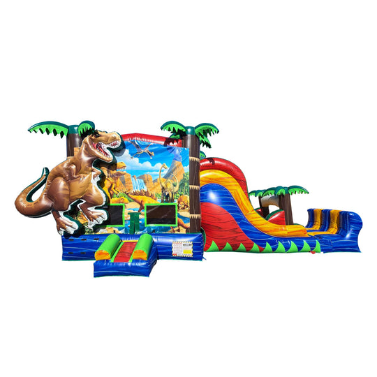 Colorful inflatable combo water slide featuring a T-Rex theme, palm trees, and a slide area.