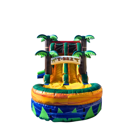Colorful T-Rex themed inflatable combo water slide featuring palm trees and a vibrant design, suitable for outdoor fun.