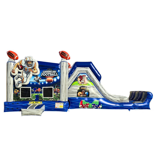 Colorful inflatable combo water slide featuring a football theme with a slide and dual lanes for fun.