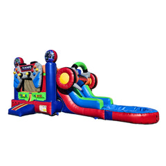 Colorful inflatable combo water slide featuring a slide and climbing area, set against a white background.