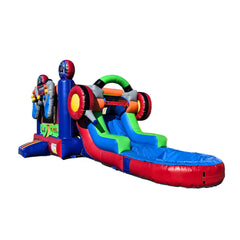 Colorful inflatable combo water slide featuring two slides and a splash pool, set against a white background.