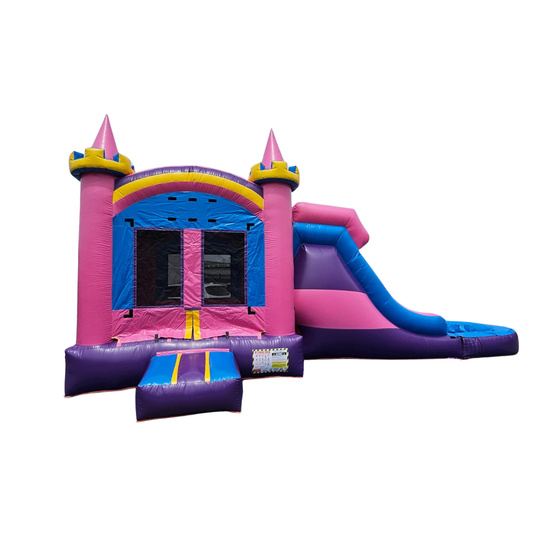 Colorful pink and purple inflatable combo water slide featuring a castle design and a slide on the right.