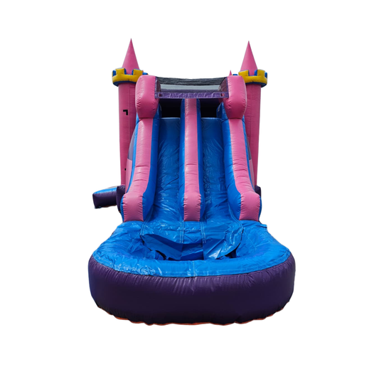 Pink and purple inflatable combo water slide featuring two slides and a splash pool at the bottom.