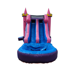 Pink and purple inflatable combo water slide featuring two slides and a splash pool at the bottom.