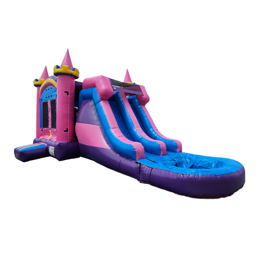 Bright pink and purple inflatable combo water slide featuring two slides and a splash pool at the base.