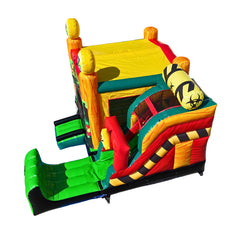 Colorful inflatable combo water slide featuring a toxic theme with a slide and bounce area, set against a white background.