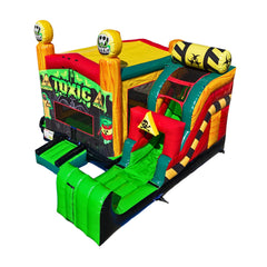 Colorful Toxic 5 in 1 inflatable combo water slide featuring green and red elements, with a slide and bounce area.