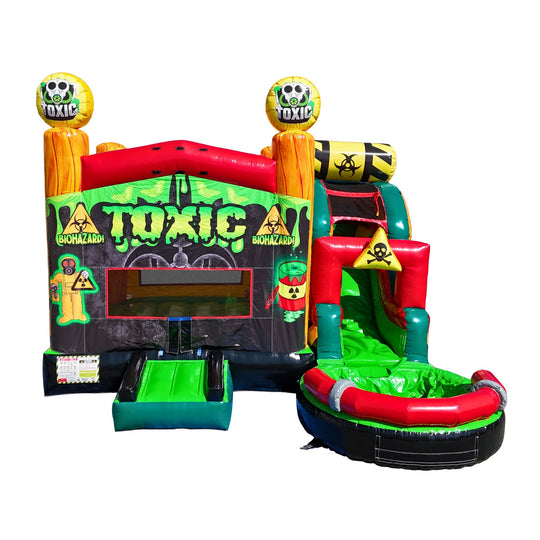 Colorful Toxic 5 in 1 inflatable combo water slide featuring a slide, bounce area, and hazard-themed decorations.