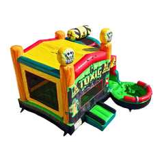 Colorful Toxic 5 in 1 inflatable combo water slide featuring a bounce area, slide, and splash pool.