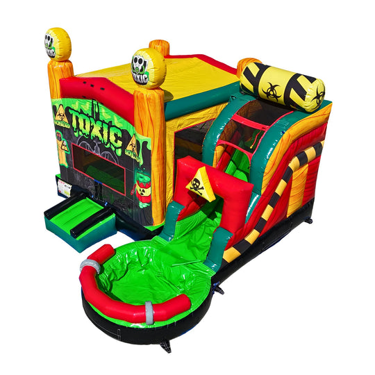 Colorful Toxic 5 in 1 inflatable combo water slide featuring a slide, bounce area, and pool, set against a white background.