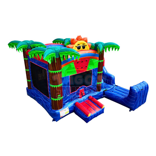 Colorful inflatable combo water slide featuring tropical palm trees and a sun design, set against a blue water theme.