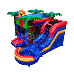 Colorful inflatable combo water slide featuring palm trees and a tropical theme, with a slide and splash area.