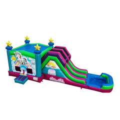 Colorful unicorn-themed inflatable combo water slide featuring a bounce area and a slide, set against a white background.