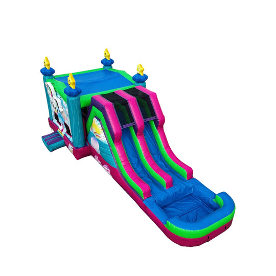 Colorful unicorn-themed inflatable combo water slide featuring dual slides and a splash area.