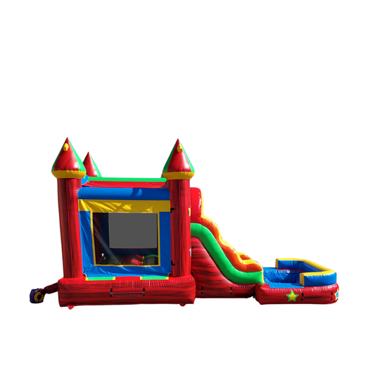 Colorful inflatable combo water slide featuring a castle design with red, blue, and yellow accents, set against a white