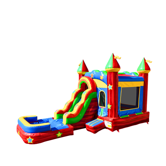Colorful inflatable combo water slide featuring a castle design with a slide and bounce area.
