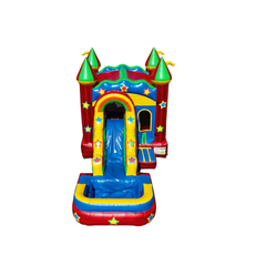 Colorful inflatable combo water slide featuring a castle design with green and red towers, a blue slide, and a splash pool.