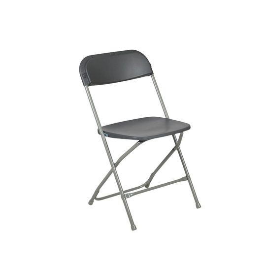 Gray plastic folding chair with a metal frame, suitable for various events.