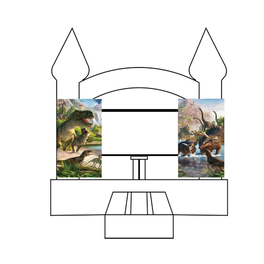 Two custom event banners featuring dinosaurs on a bounce house with a castle design.