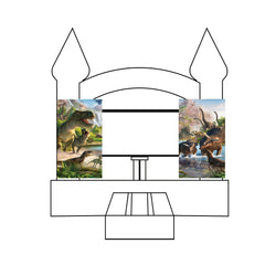 Two custom event banners featuring dinosaurs on a bounce house with a castle design.