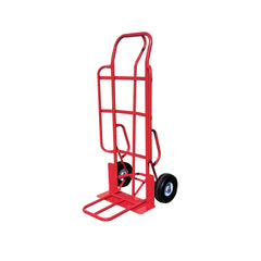 Red heavy duty two-wheel dolly with a sturdy frame and large wheels, suitable for transporting items, displayed against a