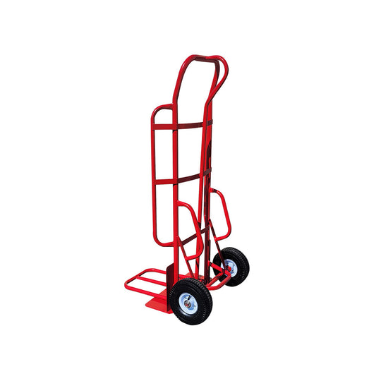 Red heavy duty two-wheel dolly with a sturdy frame and rubber wheels, suitable for transporting heavy items.
