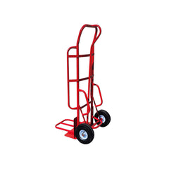 Red heavy duty two-wheel dolly with a sturdy frame and rubber wheels, suitable for transporting heavy items.
